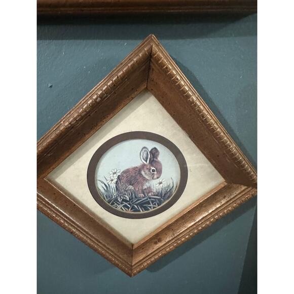 Vintage Pair Of Kay Shannon Bunny Rabbit Litho Pictures Wall Hangings Wood Frame - Picture 4 of 10